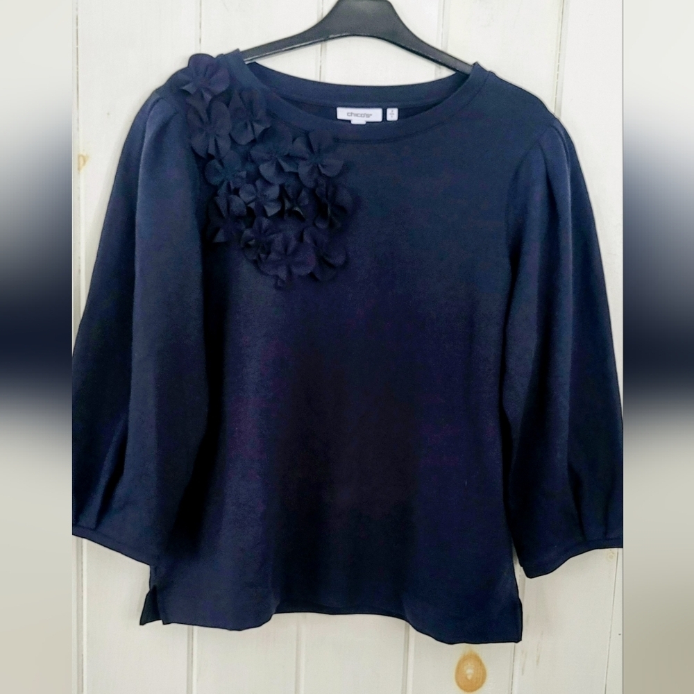 Chico's Embellished Floral Pleated Shoulder Soft Navy Sweatshirt